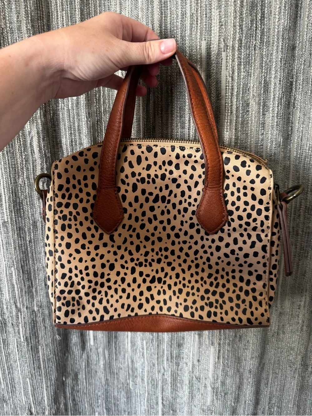 Leather Trim Leopard Print Satchel (w/o shoulder strap)